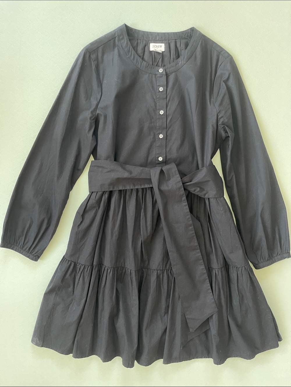 J. Crew Black Long-Sleeve Tiered Dress with Waist Tie Sz S